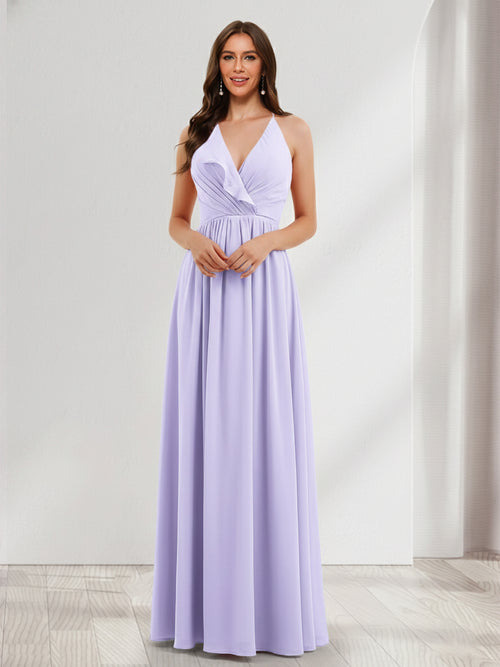 A-Line/Princess Halter Sleeveless Chiffon Bridesmaid Dresses With Ruffles