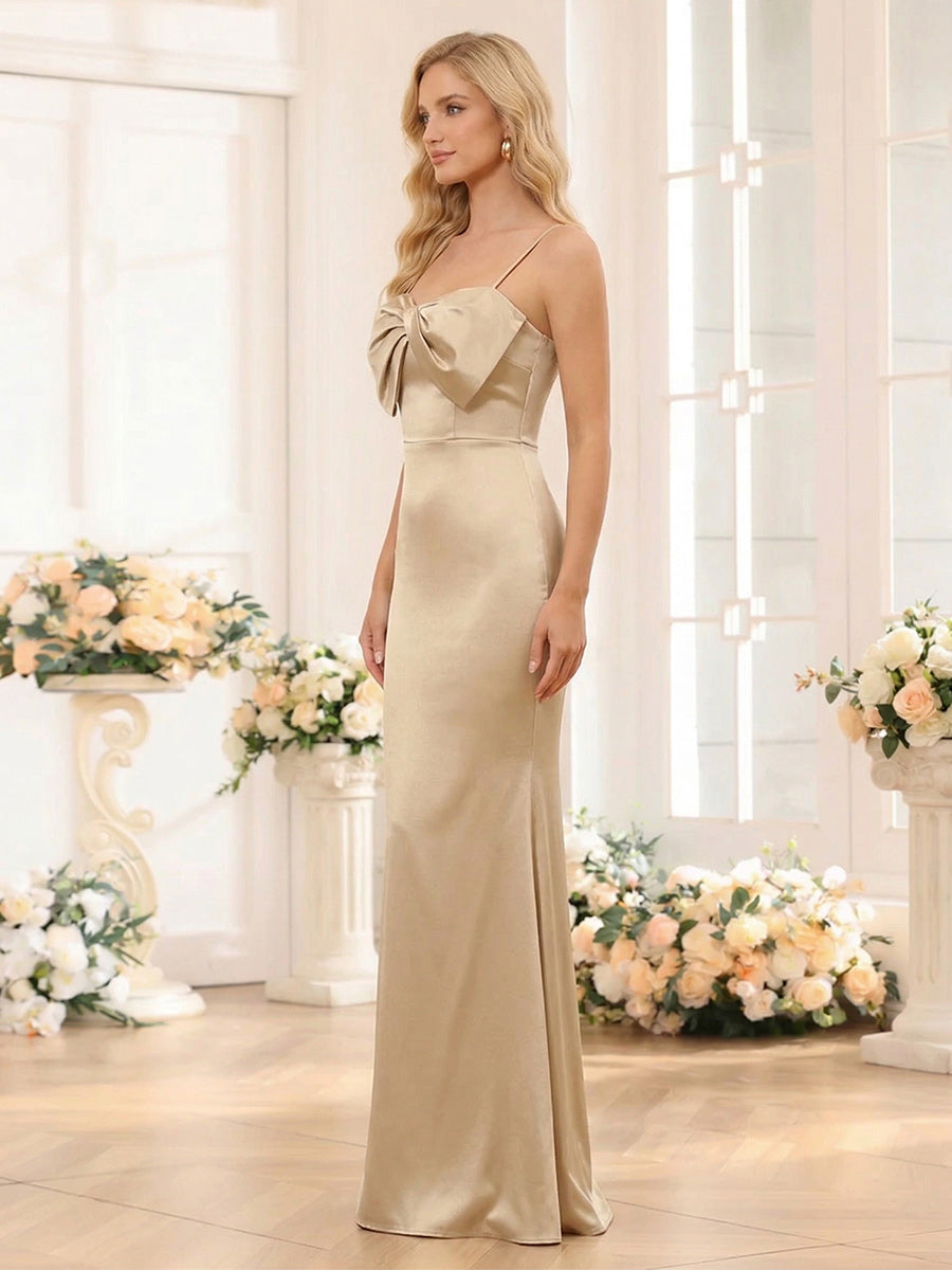 Sheath/Column Spaghetti Straps Sleeveless Bridesmaid Dresses with Bowknot