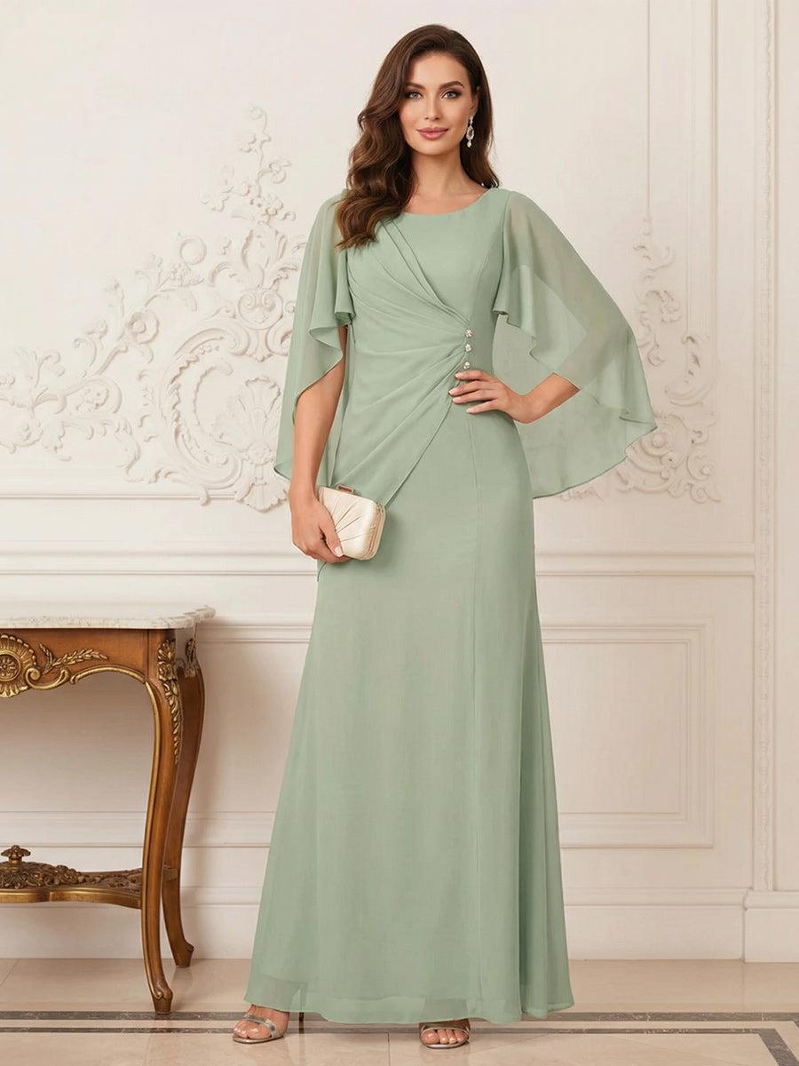 A-Line/Princess Scoop Half Sleeves Floor-Length Mother of the Bride Dresses with Ruched &amp; Split Side