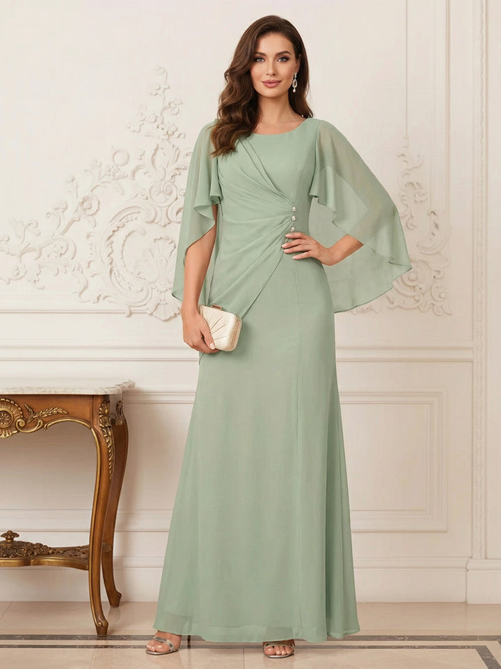 A-Line/Princess Scoop Half Sleeves Floor-Length Mother of the Bride Dresses with Ruched &amp; Split Side