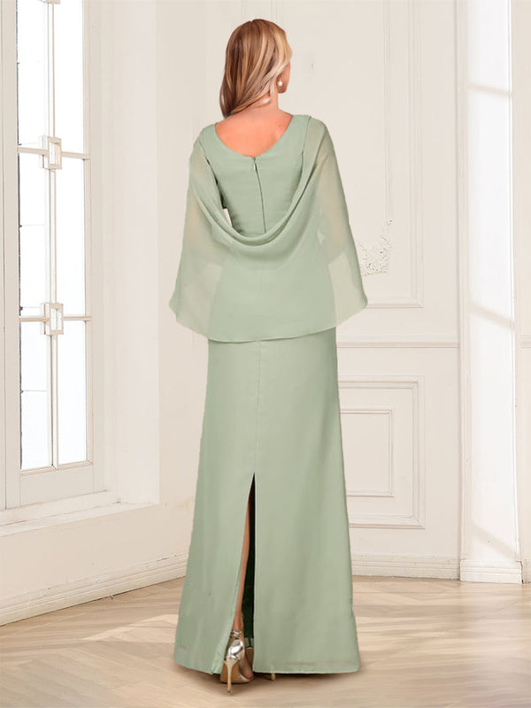 A-Line/Princess Scoop Half Sleeves Floor-Length Mother of the Bride Dresses with Ruched & Split Side
