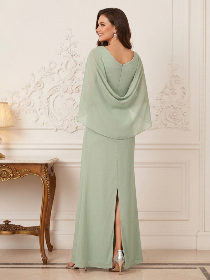 A-Line/Princess Scoop Half Sleeves Floor-Length Mother of the Bride Dresses with Ruched &amp; Split Side