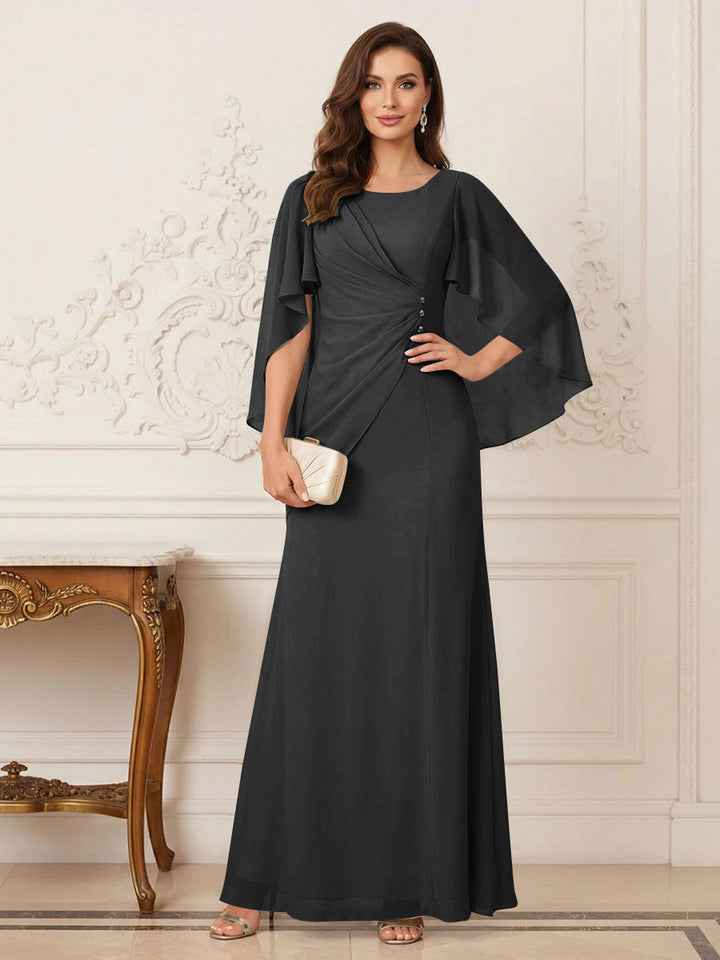 A-Line/Princess Scoop Half Sleeves Floor-Length Mother of the Bride Dresses with Ruched &amp; Split Side