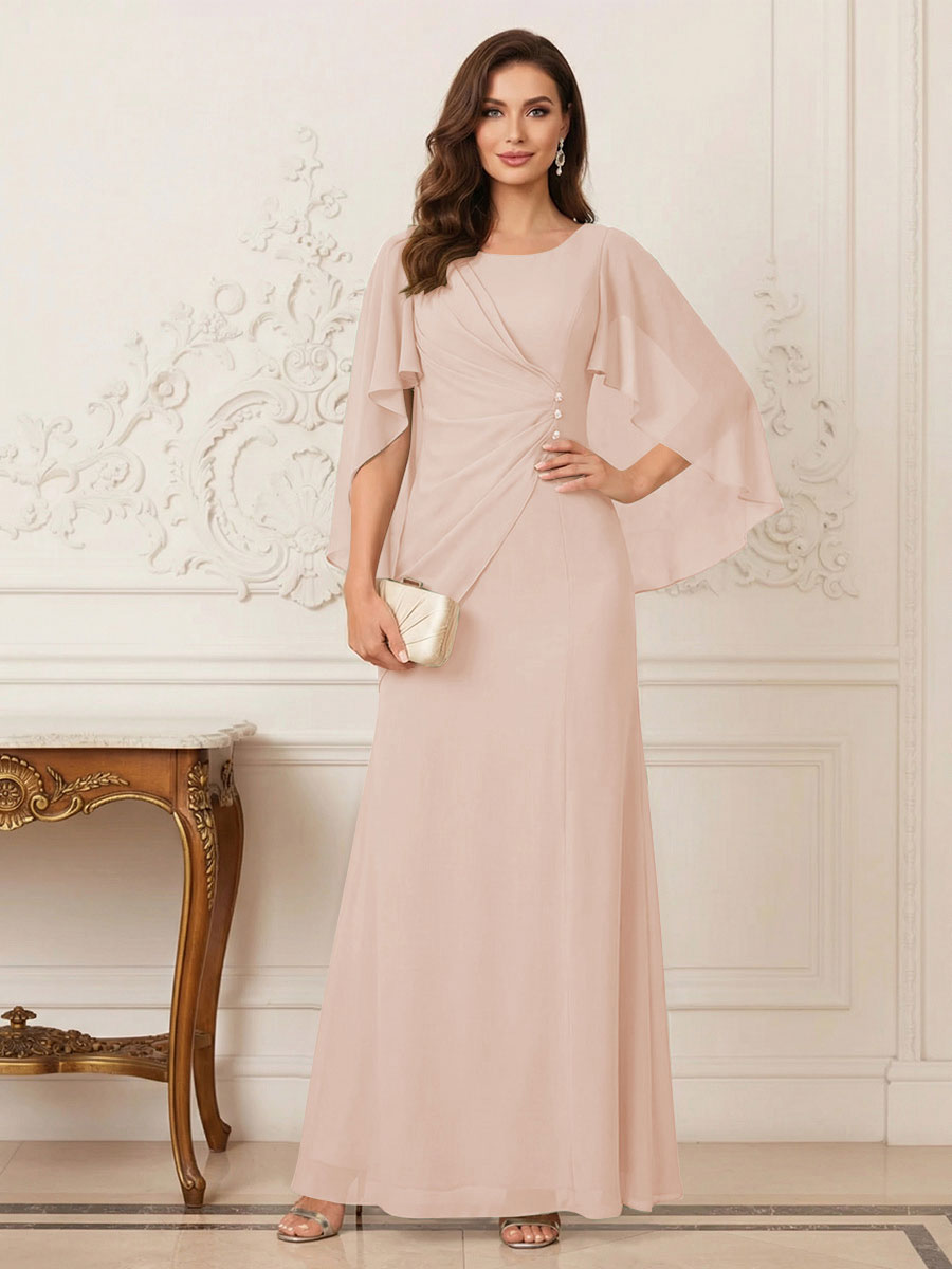 A-Line/Princess Scoop Half Sleeves Floor-Length Mother of the Bride Dresses with Ruched &amp; Split Side