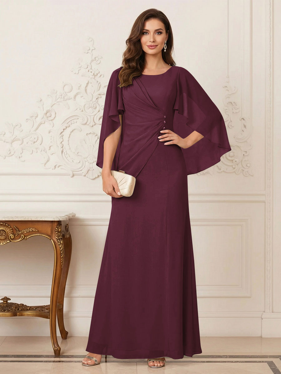 A-Line/Princess Scoop Half Sleeves Floor-Length Mother of the Bride Dresses with Ruched &amp; Split Side