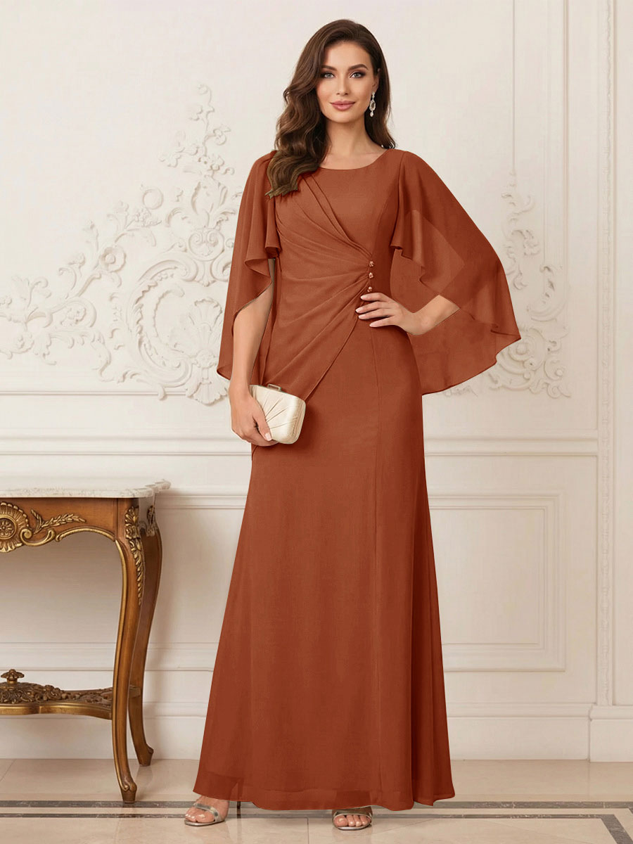 A-Line/Princess Scoop Half Sleeves Floor-Length Mother of the Bride Dresses with Ruched &amp; Split Side