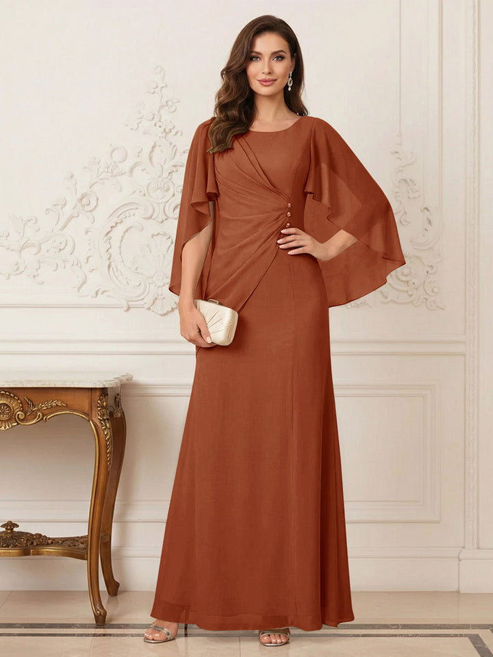 A-Line/Princess Scoop Half Sleeves Floor-Length Mother of the Bride Dresses with Ruched &amp; Split Side