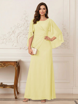 A-Line/Princess Scoop Half Sleeves Floor-Length Mother of the Bride Dresses with Ruched & Split Side