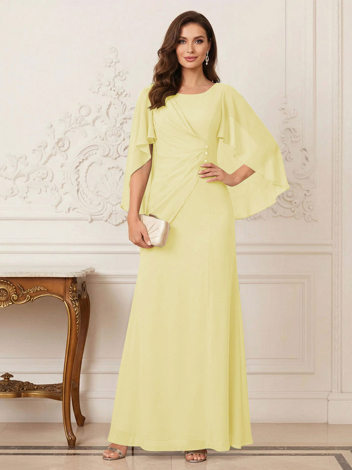 A-Line/Princess Scoop Half Sleeves Floor-Length Mother of the Bride Dresses with Ruched &amp; Split Side