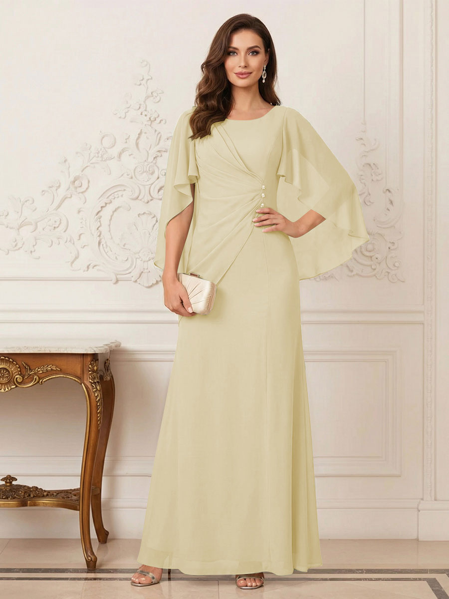 A-Line/Princess Scoop Half Sleeves Floor-Length Mother of the Bride Dresses with Ruched & Split Side