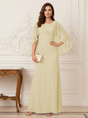 A-Line/Princess Scoop Half Sleeves Floor-Length Mother of the Bride Dresses with Ruched & Split Side
