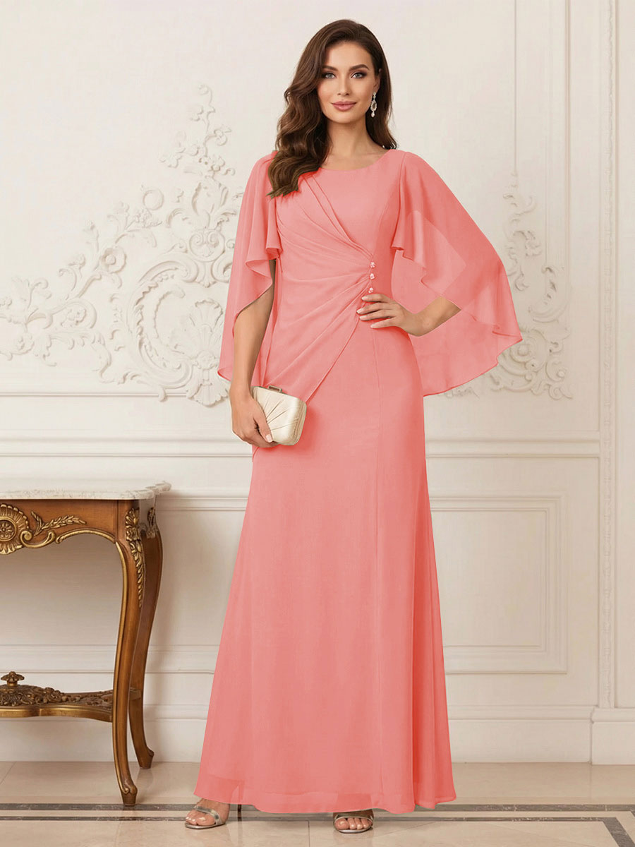 A-Line/Princess Scoop Half Sleeves Floor-Length Mother of the Bride Dresses with Ruched &amp; Split Side