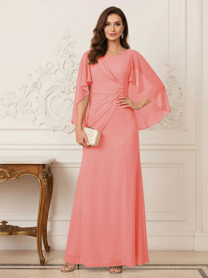 A-Line/Princess Scoop Half Sleeves Floor-Length Mother of the Bride Dresses with Ruched &amp; Split Side