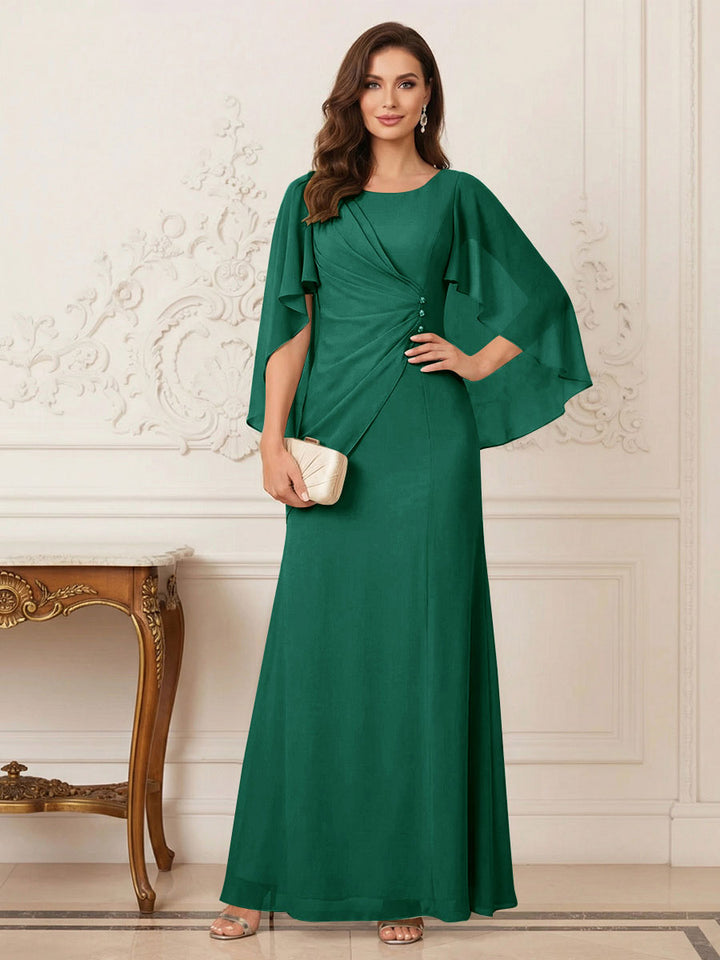 A-Line/Princess Scoop Half Sleeves Floor-Length Mother of the Bride Dresses with Ruched &amp; Split Side