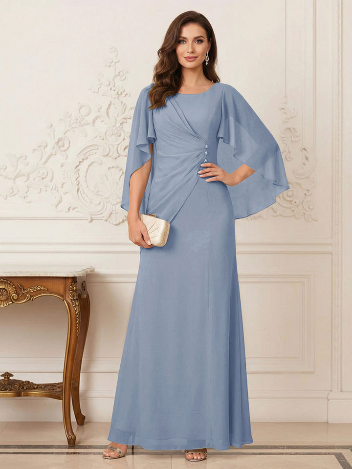 A-Line/Princess Scoop Half Sleeves Floor-Length Mother of the Bride Dresses with Ruched &amp; Split Side