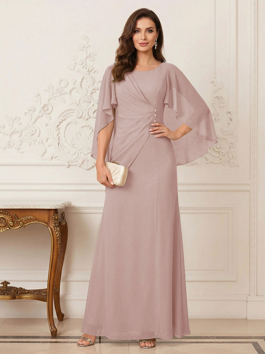 A-Line/Princess Scoop Half Sleeves Floor-Length Mother of the Bride Dresses with Ruched &amp; Split Side