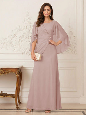 A-Line/Princess Scoop Half Sleeves Floor-Length Mother of the Bride Dresses with Ruched & Split Side