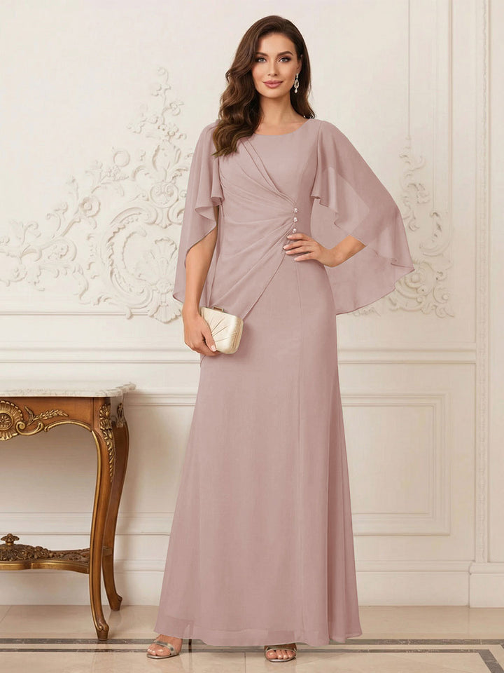 A-Line/Princess Scoop Half Sleeves Floor-Length Mother of the Bride Dresses with Ruched &amp; Split Side