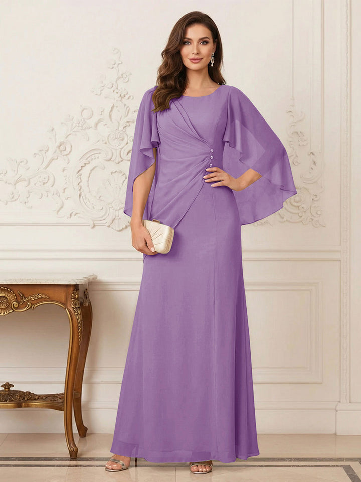 A-Line/Princess Scoop Half Sleeves Floor-Length Mother of the Bride Dresses with Ruched &amp; Split Side