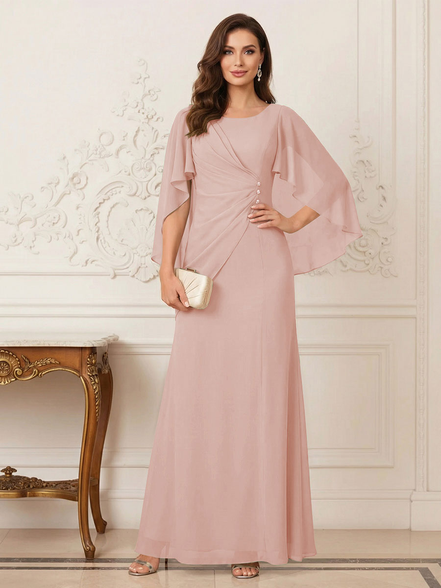 A-Line/Princess Scoop Half Sleeves Floor-Length Mother of the Bride Dresses with Ruched &amp; Split Side