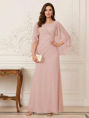 A-Line/Princess Scoop Half Sleeves Floor-Length Mother of the Bride Dresses with Ruched & Split Side