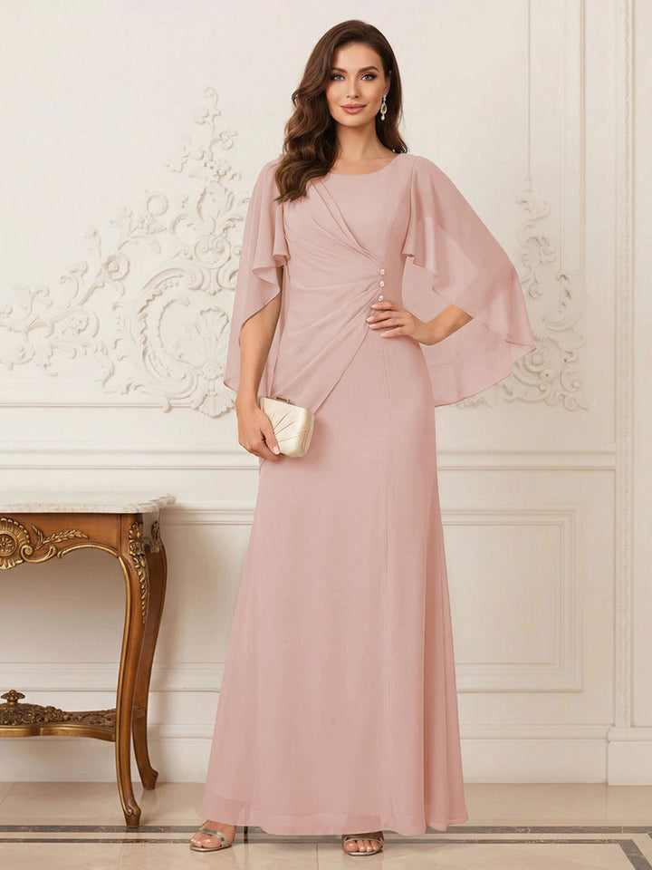 A-Line/Princess Scoop Half Sleeves Floor-Length Mother of the Bride Dresses with Ruched &amp; Split Side
