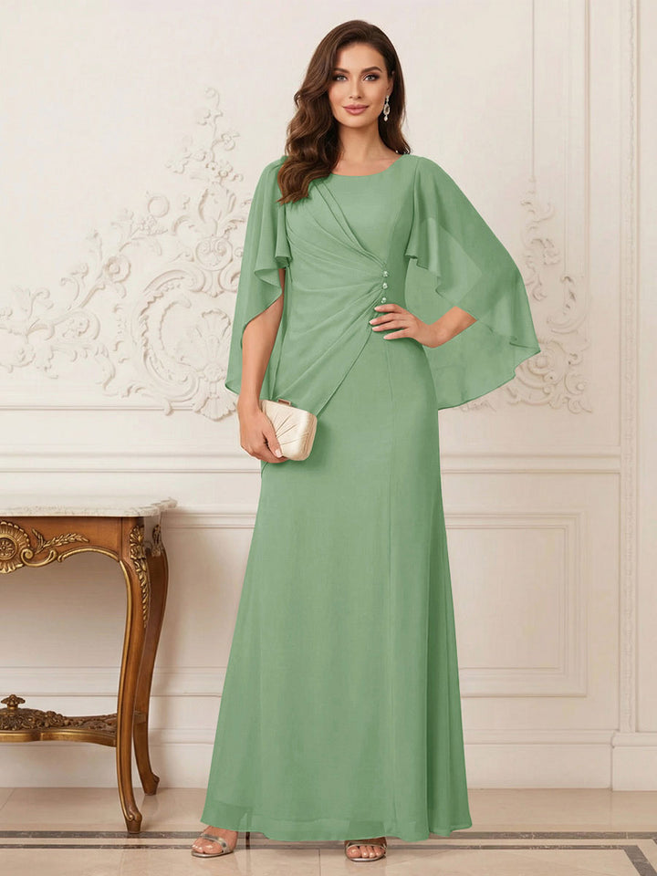 A-Line/Princess Scoop Half Sleeves Floor-Length Mother of the Bride Dresses with Ruched &amp; Split Side