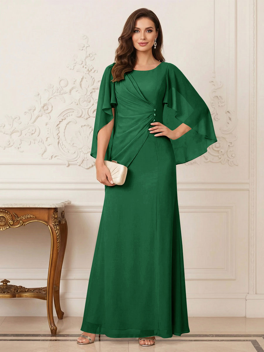 A-Line/Princess Scoop Half Sleeves Floor-Length Mother of the Bride Dresses with Ruched &amp; Split Side