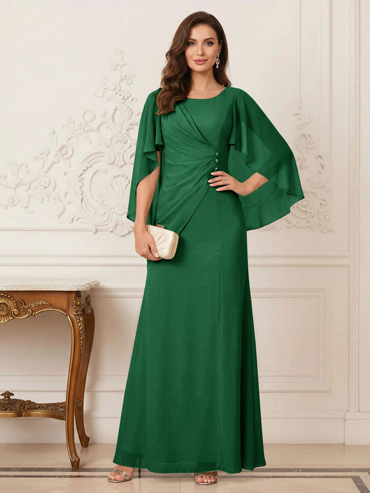 A-Line/Princess Scoop Half Sleeves Floor-Length Mother of the Bride Dresses with Ruched &amp; Split Side