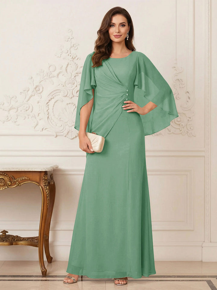 A-Line/Princess Scoop Half Sleeves Floor-Length Mother of the Bride Dresses with Ruched &amp; Split Side