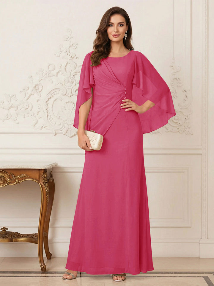 A-Line/Princess Scoop Half Sleeves Floor-Length Mother of the Bride Dresses with Ruched &amp; Split Side