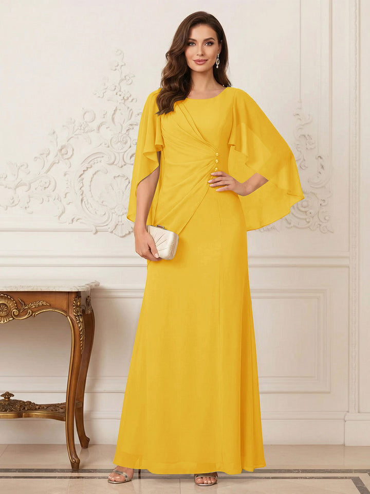A-Line/Princess Scoop Half Sleeves Floor-Length Mother of the Bride Dresses with Ruched &amp; Split Side