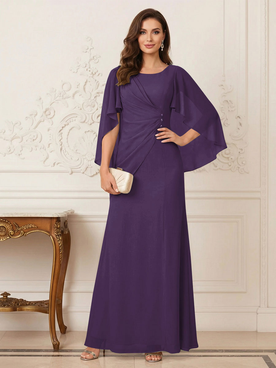 A-Line/Princess Scoop Half Sleeves Floor-Length Mother of the Bride Dresses with Ruched &amp; Split Side