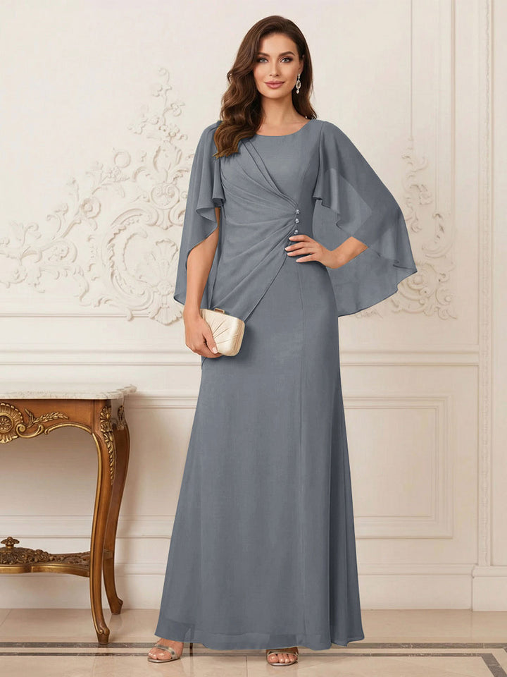 A-Line/Princess Scoop Half Sleeves Floor-Length Mother of the Bride Dresses with Ruched &amp; Split Side