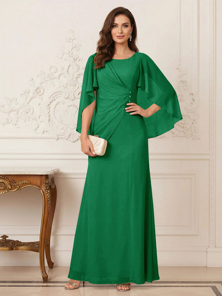 A-Line/Princess Scoop Half Sleeves Floor-Length Mother of the Bride Dresses with Ruched &amp; Split Side