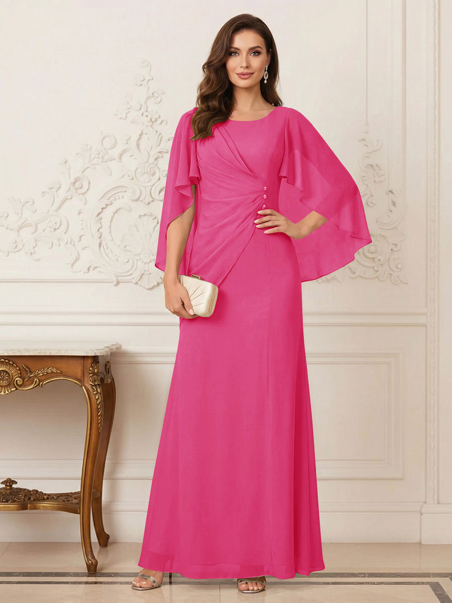 A-Line/Princess Scoop Half Sleeves Floor-Length Mother of the Bride Dresses with Ruched &amp; Split Side