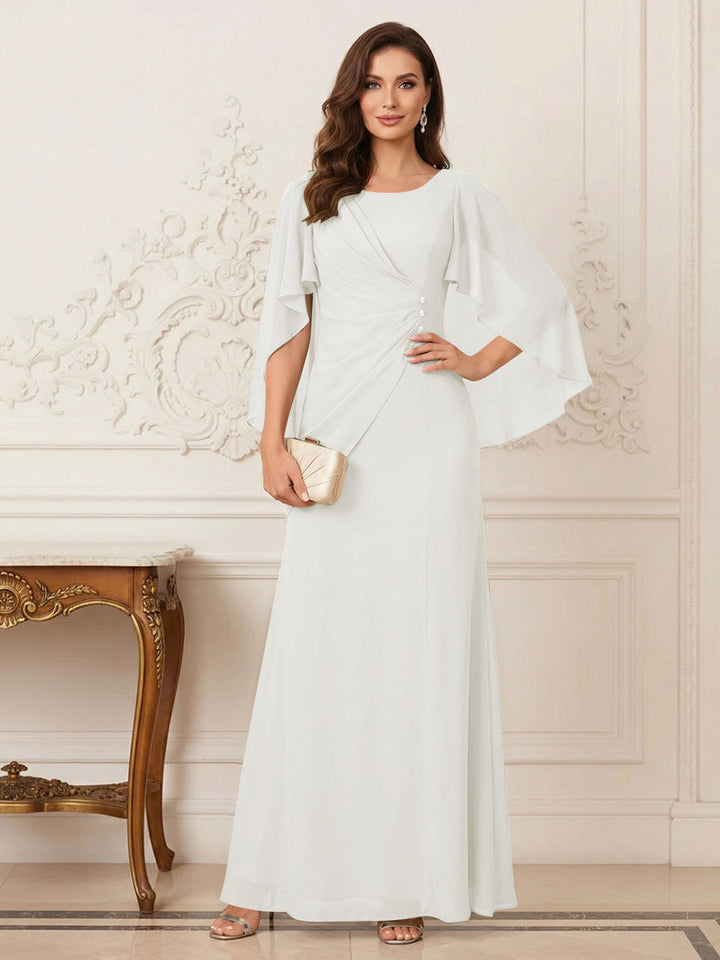 A-Line/Princess Scoop Half Sleeves Floor-Length Mother of the Bride Dresses with Ruched &amp; Split Side