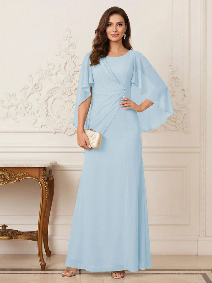 A-Line/Princess Scoop Half Sleeves Floor-Length Mother of the Bride Dresses with Ruched &amp; Split Side