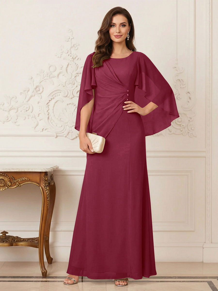 A-Line/Princess Scoop Half Sleeves Floor-Length Mother of the Bride Dresses with Ruched &amp; Split Side