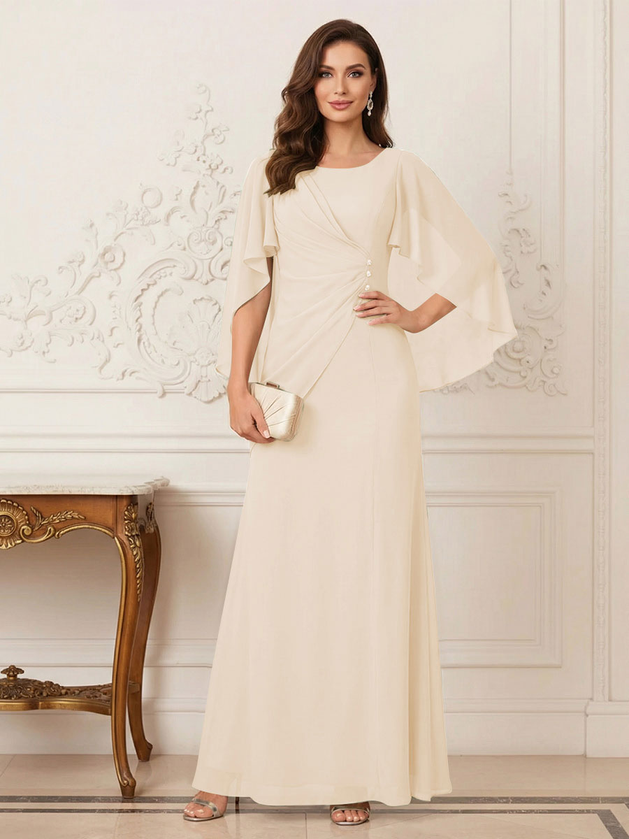 A-Line/Princess Scoop Half Sleeves Floor-Length Mother of the Bride Dresses with Ruched &amp; Split Side