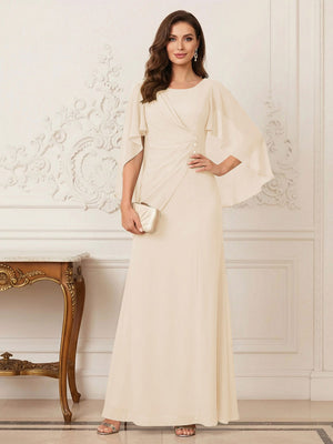 A-Line/Princess Scoop Half Sleeves Floor-Length Mother of the Bride Dresses with Ruched & Split Side