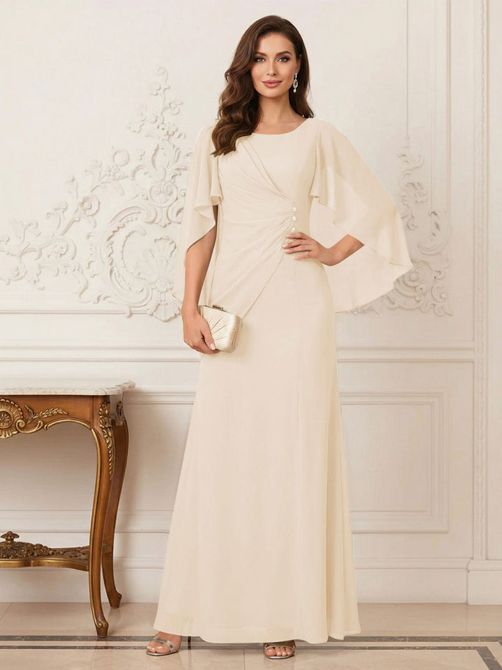 A-Line/Princess Scoop Half Sleeves Floor-Length Mother of the Bride Dresses with Ruched &amp; Split Side