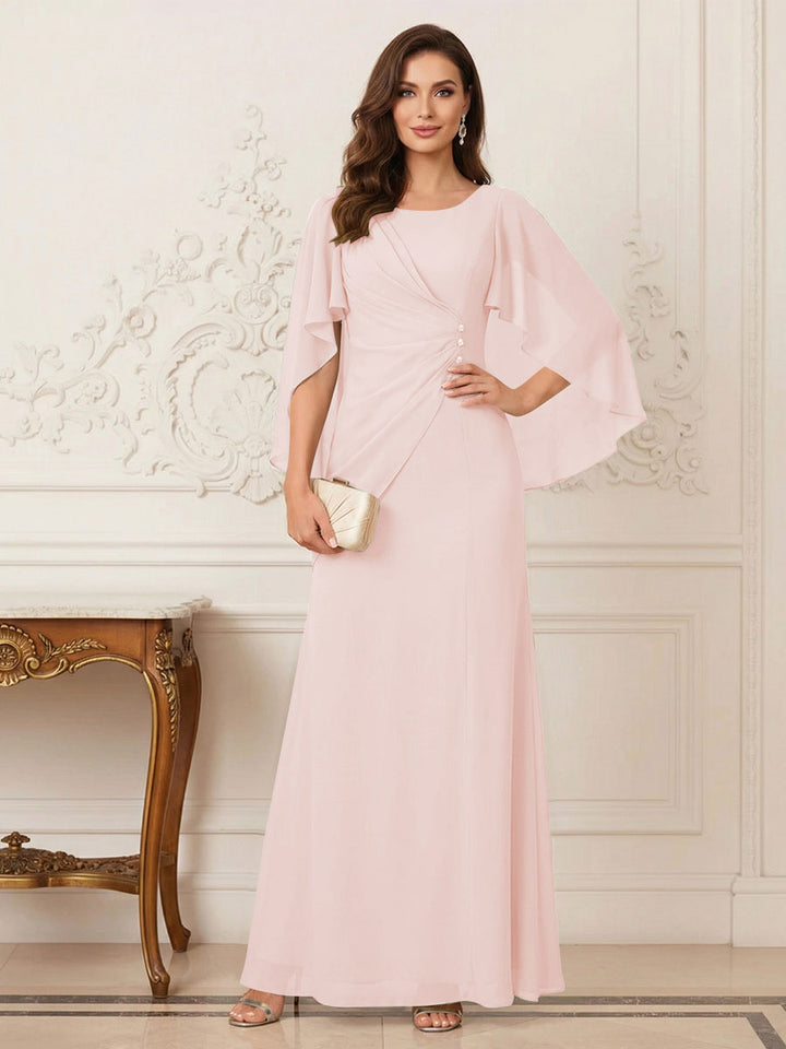 A-Line/Princess Scoop Half Sleeves Floor-Length Mother of the Bride Dresses with Ruched &amp; Split Side