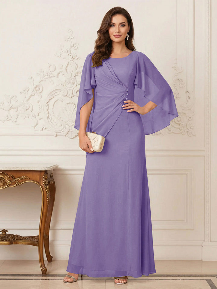 A-Line/Princess Scoop Half Sleeves Floor-Length Mother of the Bride Dresses with Ruched &amp; Split Side