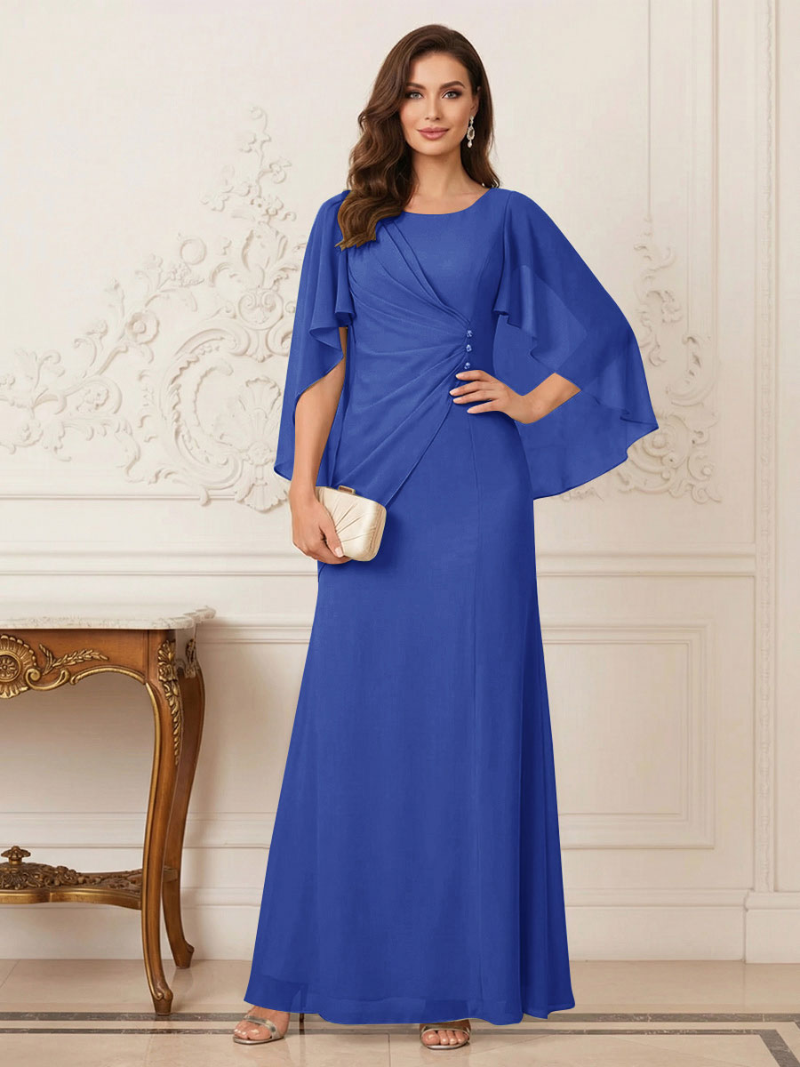 A-Line/Princess Scoop Half Sleeves Floor-Length Mother of the Bride Dresses with Ruched &amp; Split Side