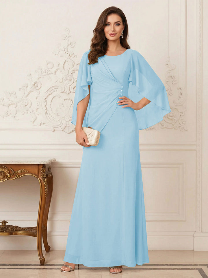 A-Line/Princess Scoop Half Sleeves Floor-Length Mother of the Bride Dresses with Ruched &amp; Split Side