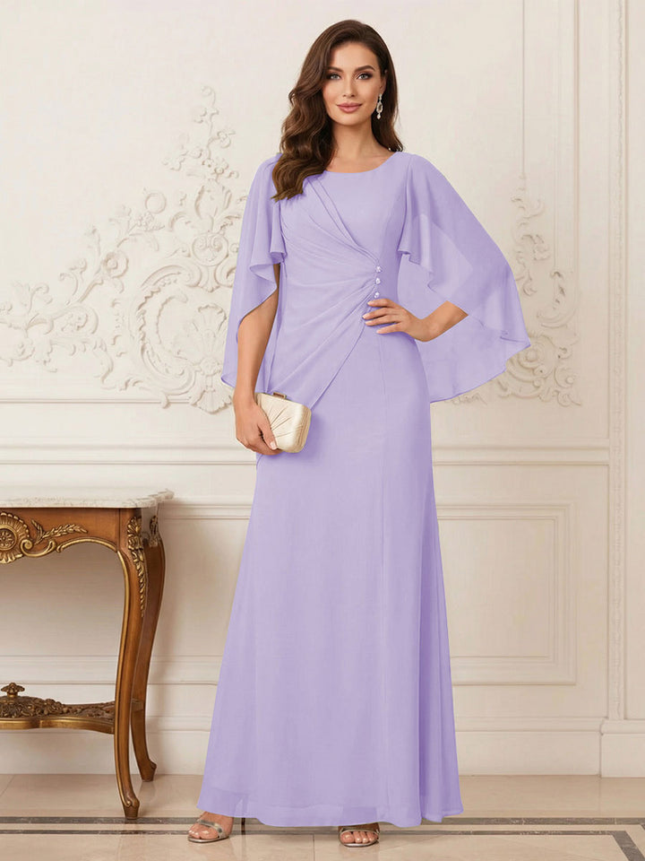 A-Line/Princess Scoop Half Sleeves Floor-Length Mother of the Bride Dresses with Ruched &amp; Split Side