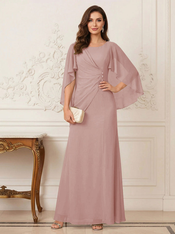 A-Line/Princess Scoop Half Sleeves Floor-Length Mother of the Bride Dresses with Ruched &amp; Split Side