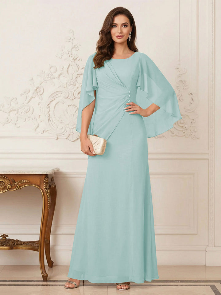 A-Line/Princess Scoop Half Sleeves Floor-Length Mother of the Bride Dresses with Ruched &amp; Split Side