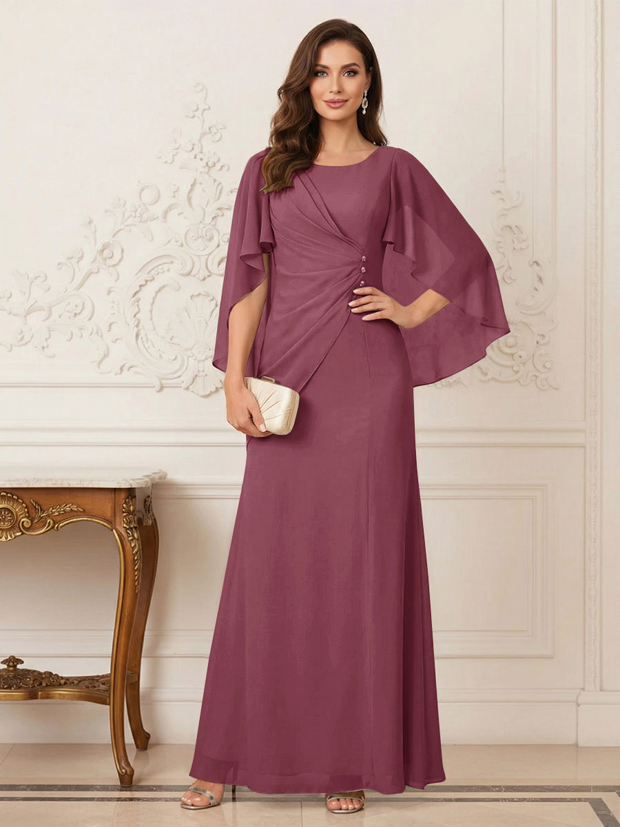 A-Line/Princess Scoop Half Sleeves Floor-Length Mother of the Bride Dresses with Ruched &amp; Split Side